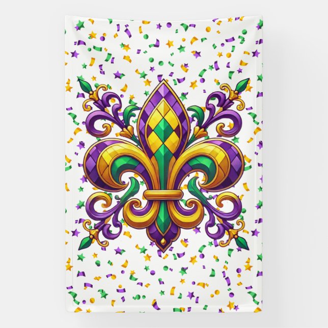 Lona Verde morado Mardi Gras fleur de lis (Vertical)