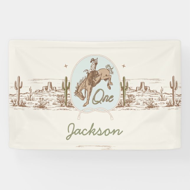 Lona Viñeta Azul Pequeño Buckaroo Rodeo Primer cumpleañ (Horizontal)