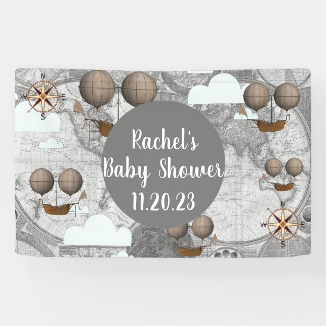 Lona Vintage Airship Dirigible World Map & Clouds (Horizontal)