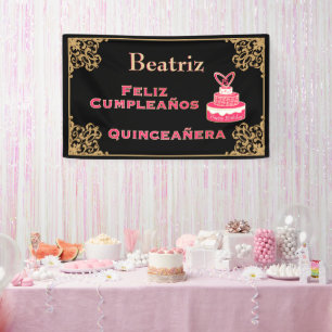 Lona Vintage Black Gold Barroco Pastel rosa Quinceañer