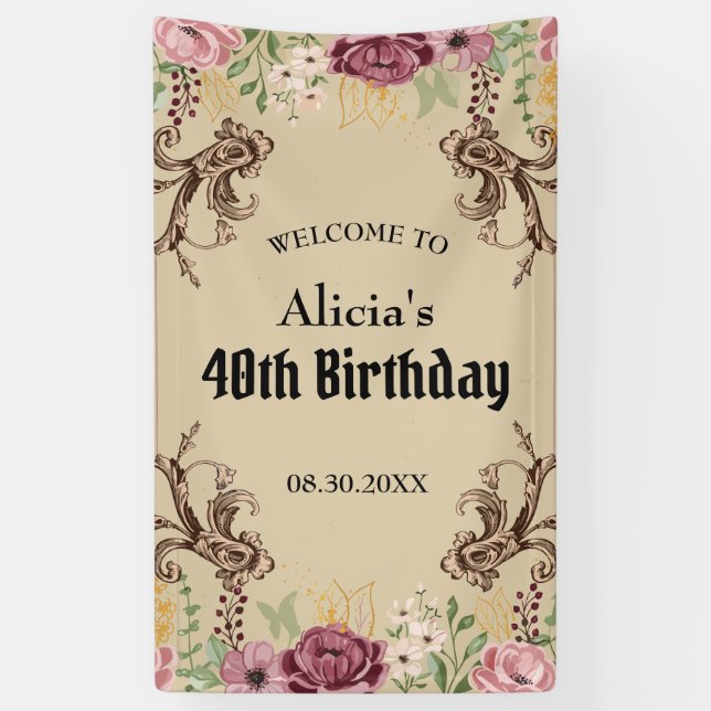 Lona Vintage Maroon Gold Flower Parchday (Vertical)