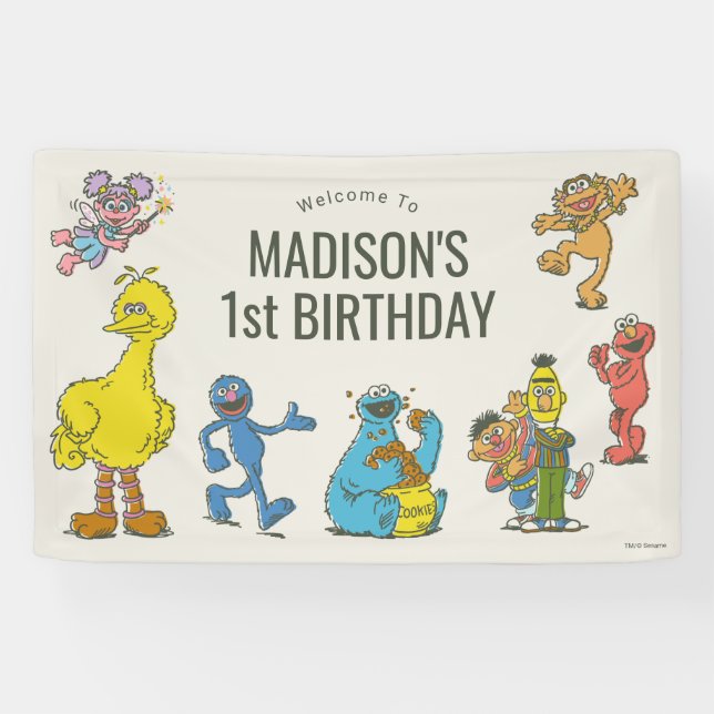 Lona Vintage Sesame Street Characters Birthday Banner (Horizontal)