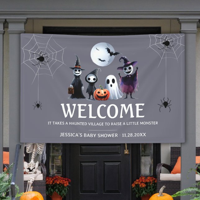 Lona Vinyl de Baby Shower Gray Monster Halloween (Gray Monster Halloween Baby Shower Welcome Vinyl Banner)