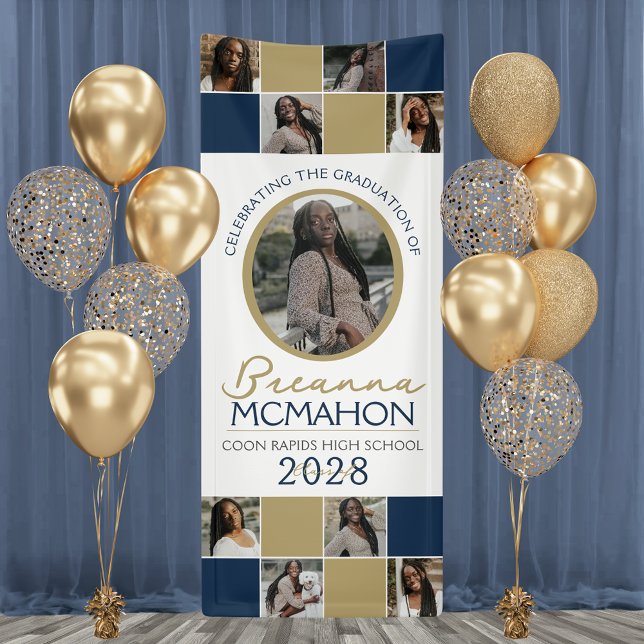 Lona Vinyl de Collage de fotos de Marina y Bronce 9 (Navy Blue and Bronze Gold 9 Photo Graduation Vinyl Hanging Banner. Indoor or Outdoor Available)