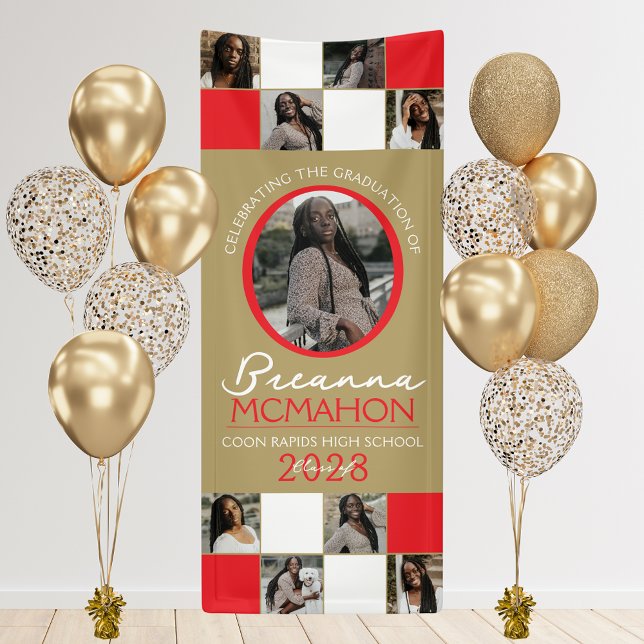 Lona Vinyl de graduación de Collage de fotos de oro roj (9 Photo Graduation Hanging Vinyl Banner in Red and Bronze Gold)