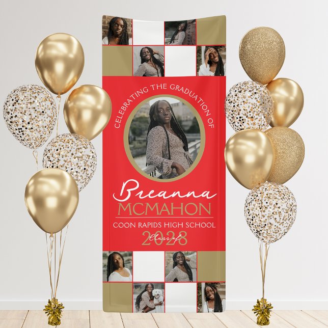 Lona Vinyl de graduación de Collage de fotos de oro roj (9 Photo Graduation Hanging Vinyl Banner in Red and Bronze Gold)