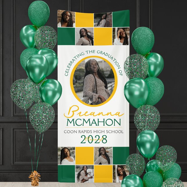 Lona Vinyl de graduación de Collage de fotos Green & Go (Green, White and Yellow Gold 9 Photo Graduation Hanging Vinyl Banner)