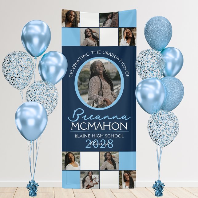 Lona Vinyl de graduación de Collage de fotos Marina & B (Navy Blue and Baby Blue 9 Photo Vinyl Graduation Hanging Banner. Indoor or Outdoor Use!)