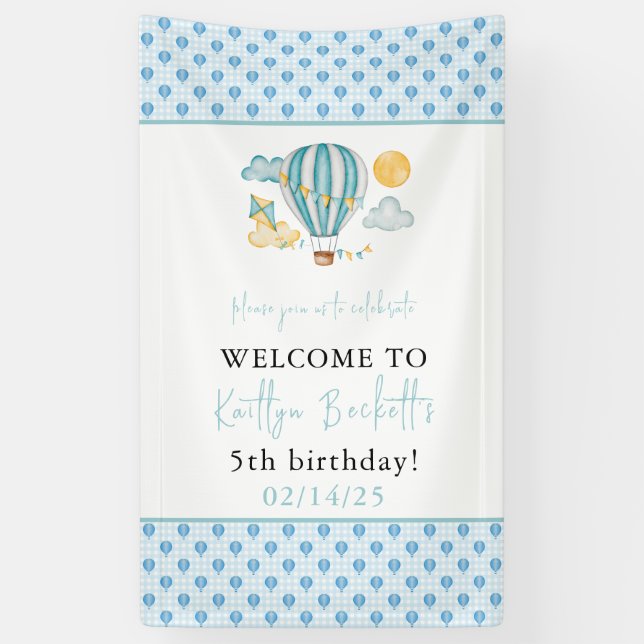 Lona Watercolo Hot Air Balloon Kid 5Cumpleaños Party (Vertical)