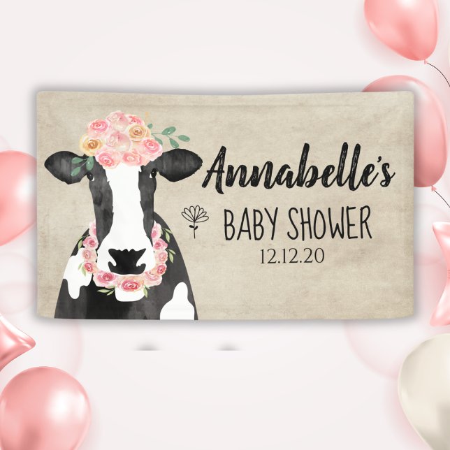 Lona Watercolor Cow Flarm Baby Shower (Cow with Floral Headband Girl Baby Shower Banner)
