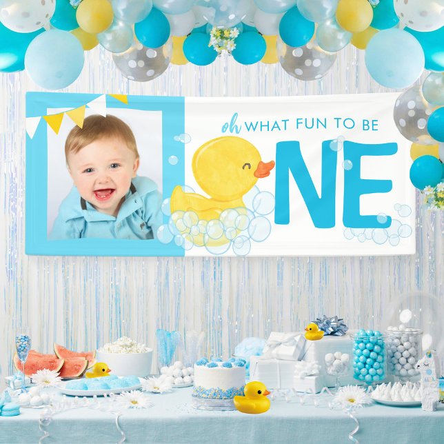 Lona Watercolor Duck Oh Qué Fiesta De Fotos Divertidas (Watercolor Rubber Duck Oh What Fun Photo Party Banner for Ducky 1st Birthday Party Decorations)