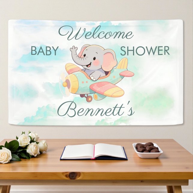 Lona Watercolor Elephant Airplane Baby Shower Banner (Subido por el creador)