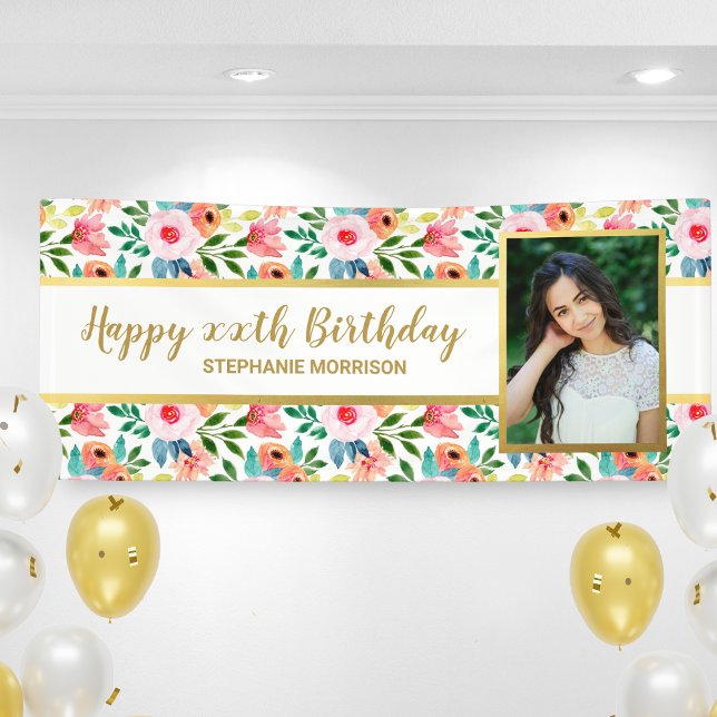 Lona Watercolor Flowers, Custom Photo Text Birthday (Subido por el creador)