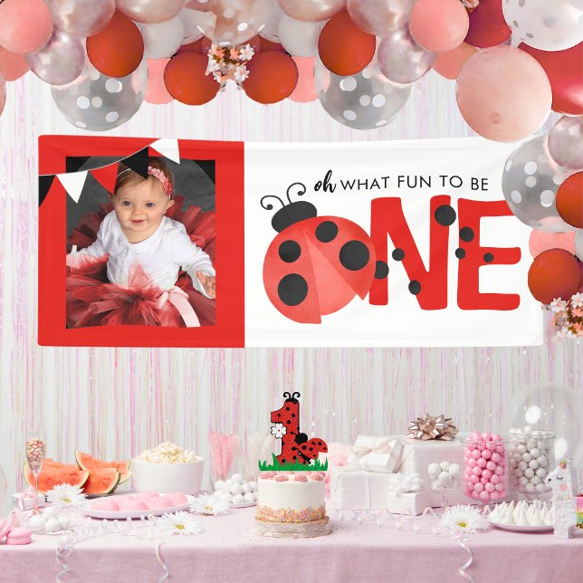 Lona Watercolor Ladybug Oh Qué Diversión Una Foto (Oh What Fun to Be ONE Watercolor Ladybug Hanging Photo Birthday Vinyl Banner)