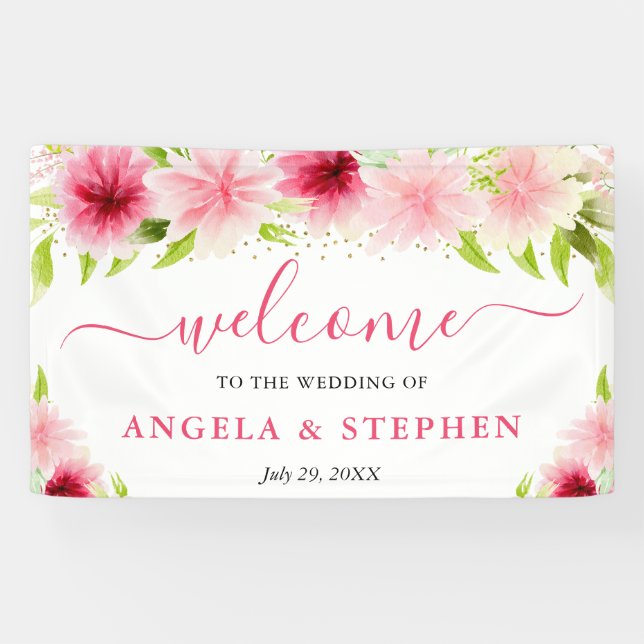 Lona Watercolor Pink Summer Flowers Wedding Welcome (Horizontal)