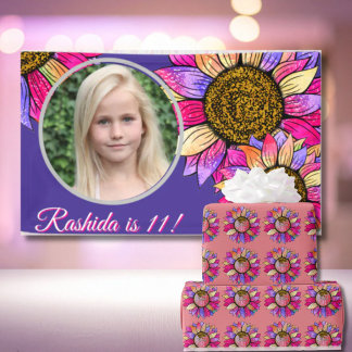 Lona Watercolor Sunflower Pink & Purple Chic Birthday