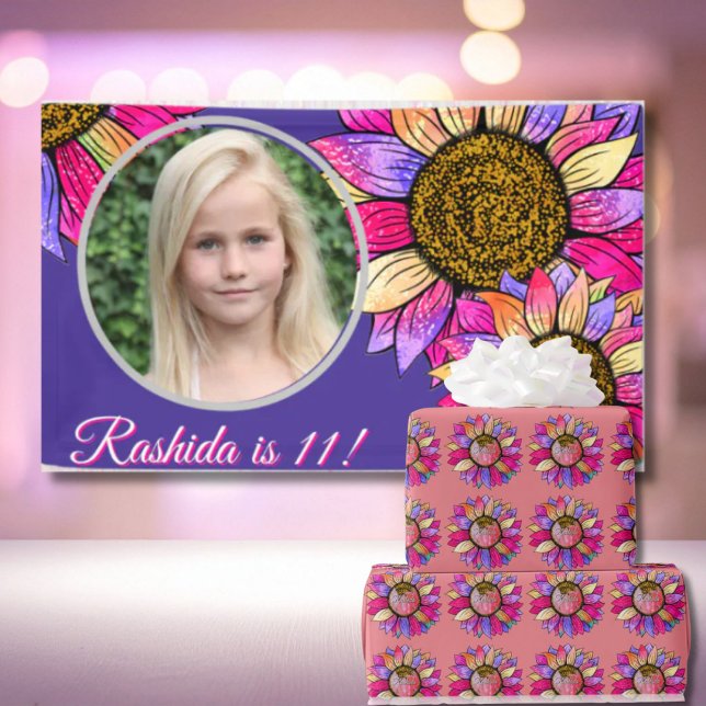 Lona Watercolor Sunflower Pink & Purple Chic Birthday (Subido por el creador)