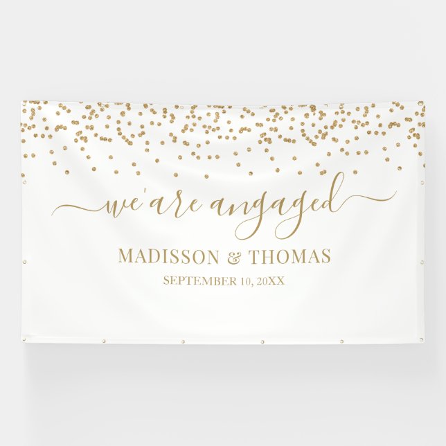 Lona We are Engaged gold and white backdrop (Horizontal)