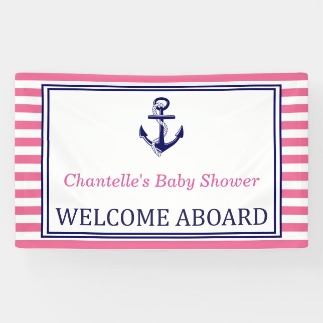 Lona Welcome Aboard - Sign - Pink Navy Nautical (Horizontal)