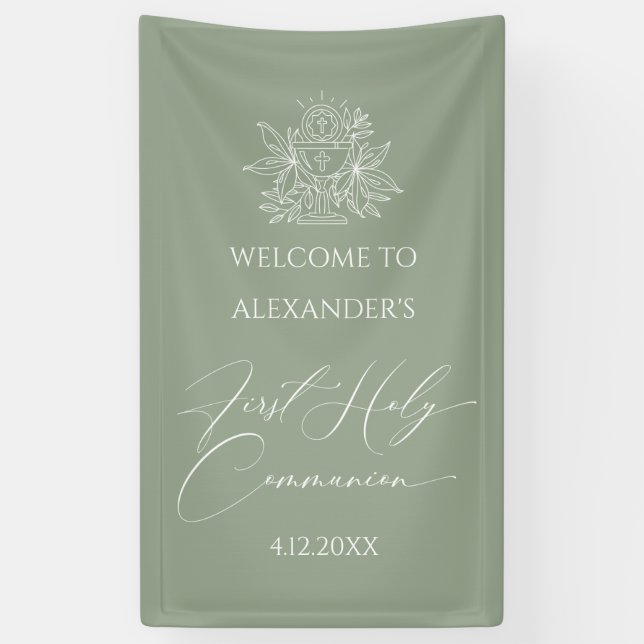 Lona WELCOME FIRST COMMUNION banner custom Sage (Vertical)