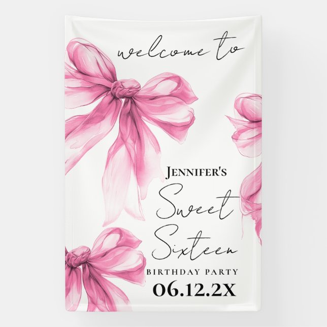 Lona Welcome Pink Bow Coquette Script Sweet 16 Party (Vertical)