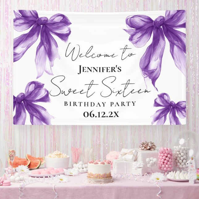Lona Welcome Purple Bow Coquette Script Sweet 16  (Fiesta)
