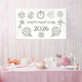 Lona Whimsical Doodles Black Text Happy New Year 2026