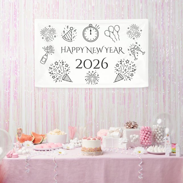 Lona Whimsical Doodles Black Text Happy New Year 2026 (Fiesta)