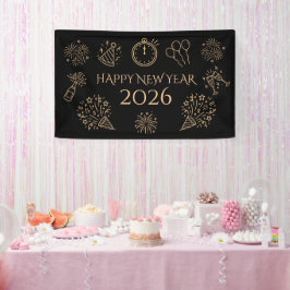 Lona Whimsical Doodles Gold Black Happy New Year 2026