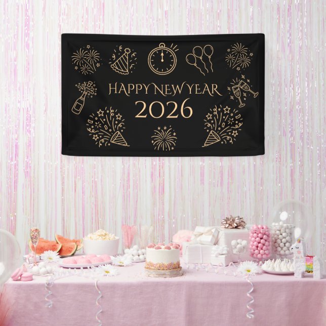 Lona Whimsical Doodles Gold Black Happy New Year 2026 (Fiesta)