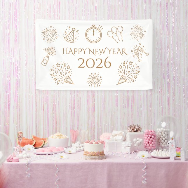 Lona Whimsical Doodles Gold Text Happy New Year 2026 (Fiesta)