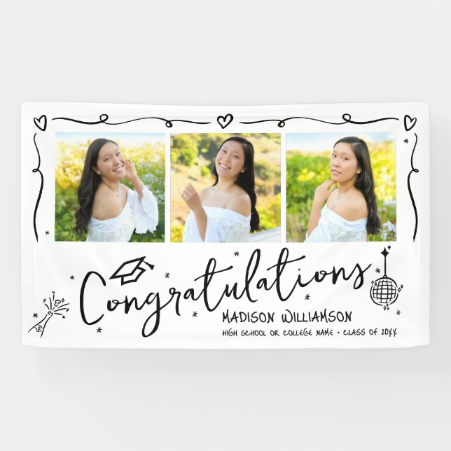 Lona White Black Hand Drawn Doodles Graduation 3 Photo (Horizontal)