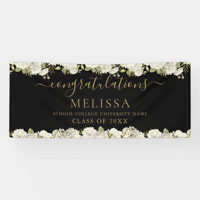 Lona White Floral Black And Gold Script Graduation (Horizontal)