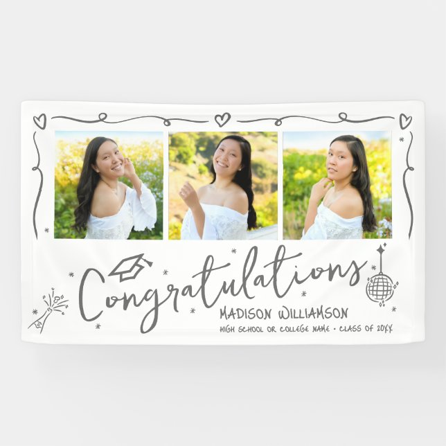 Lona White Gray Hand Drawn Doodles Graduation 3 Photo (Horizontal)