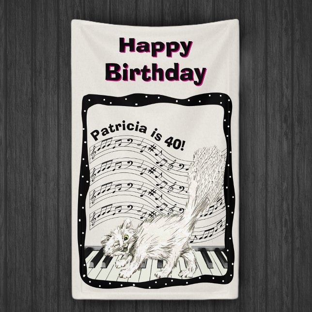 Lona White Winling Cat Piano Keys Music Note Cumpleaños (White cat piano keys bars black music notes wavy black white dotted frame on Happy Birthday backdrop)