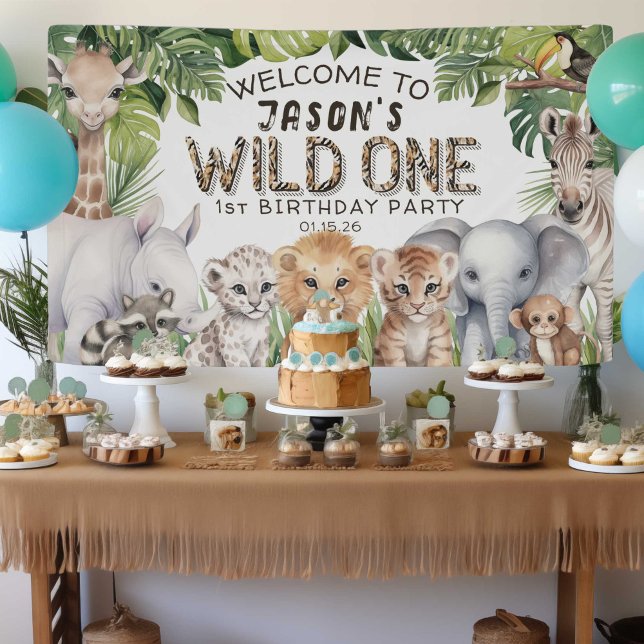Lona Wild One Jungle Safari Animal Primera bienvenida d (Wild one birthday banner backdrop, Safari jungle animals boy 1st birthday banner)