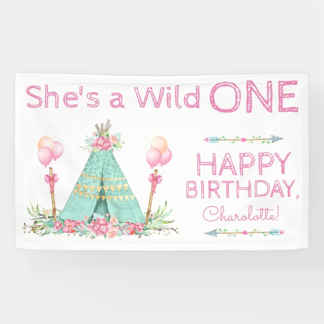 Lona Wild One TeePee Cumpleaños 1er Banner de cumpleaño (Horizontal)