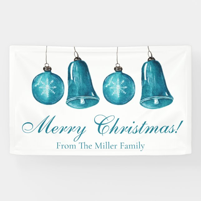 Lona Winter Blue Baubles Personalizado Familia Feliz Na (Horizontal)