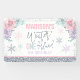 Lona Winter ONEderland Pink 1ª decoración de cumpleaños