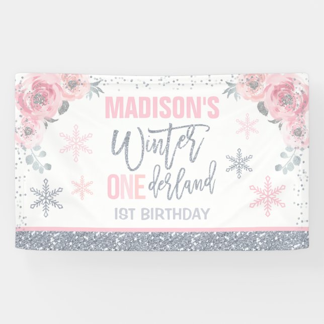 Lona Winter ONEderland Pink 1ª decoración de cumpleaños (Horizontal)