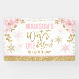 Lona Winter ONEderland Pink 1ª decoración de cumpleaños