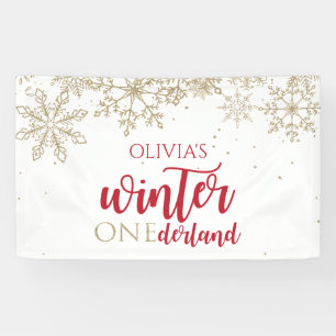 Lona Winter ONEderland Rojo Dorado Brillo Copos de Niev