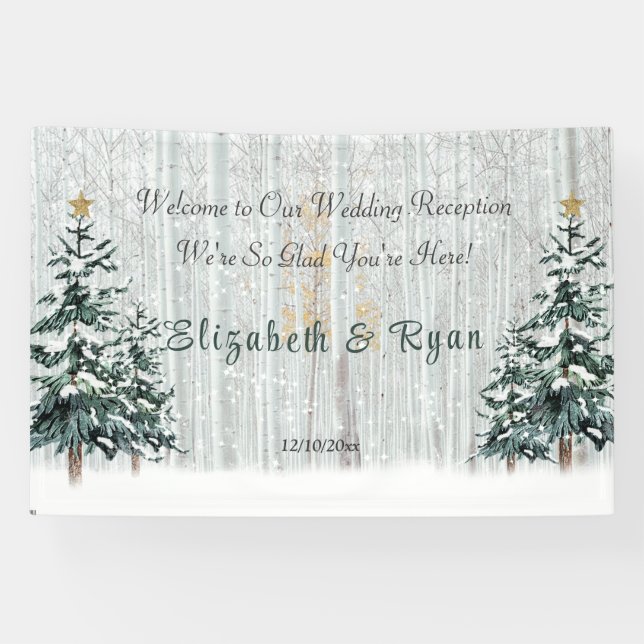 Lona Winter Wonderland Boda Birch Trees Pine Trees (Horizontal)