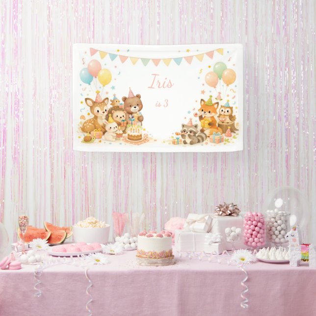 Lona Woodland Animals Bunny Bear Fox Birthday Backdrop  (Fiesta)