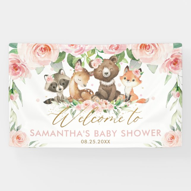 Lona Woodland Animals Pink Floral Baby Shower Backdrop  (Horizontal)