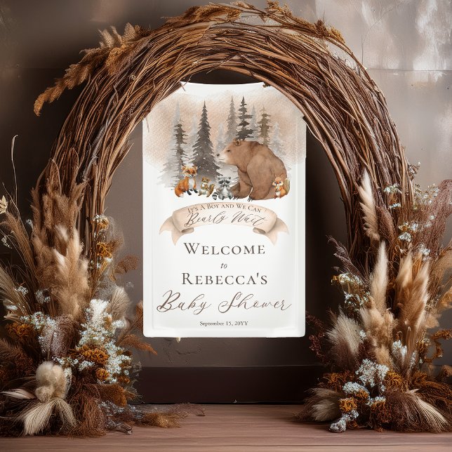 Lona Woodland Bear |Animales Bearly Wait Boy Baby Showe (Rustic Woodland Bear and Forest Animals Boy "Bearly Wait" Baby Shower "Welcome" Vertical Banner)