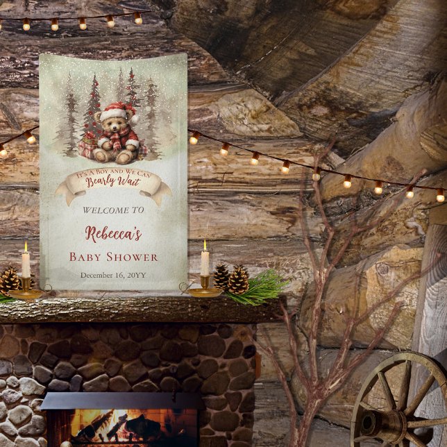 Lona Woodland Bear Bearly Wait Holiday Boy Baby Shower ("It's A Boy and We Can Bearly Wait" Baby Shower rustic woodland Christmas Holiday design)