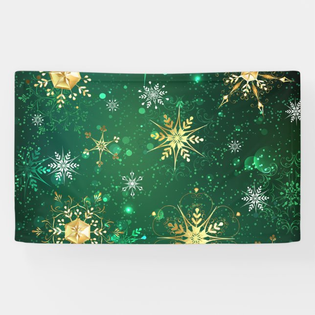 Lona Xmas copos de nieve dorados sobre fondo verde (Horizontal)