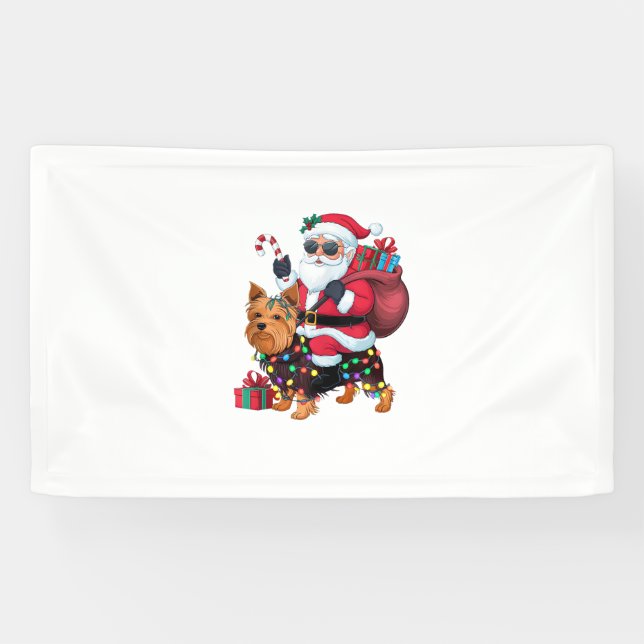 Lona Xmas Iluminando Santa Riding Yorkshire Terrier Dog (Horizontal)