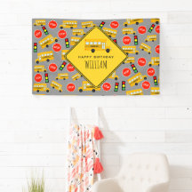 Yellow School Bus Stop Rótulo Traffic Light Cumple